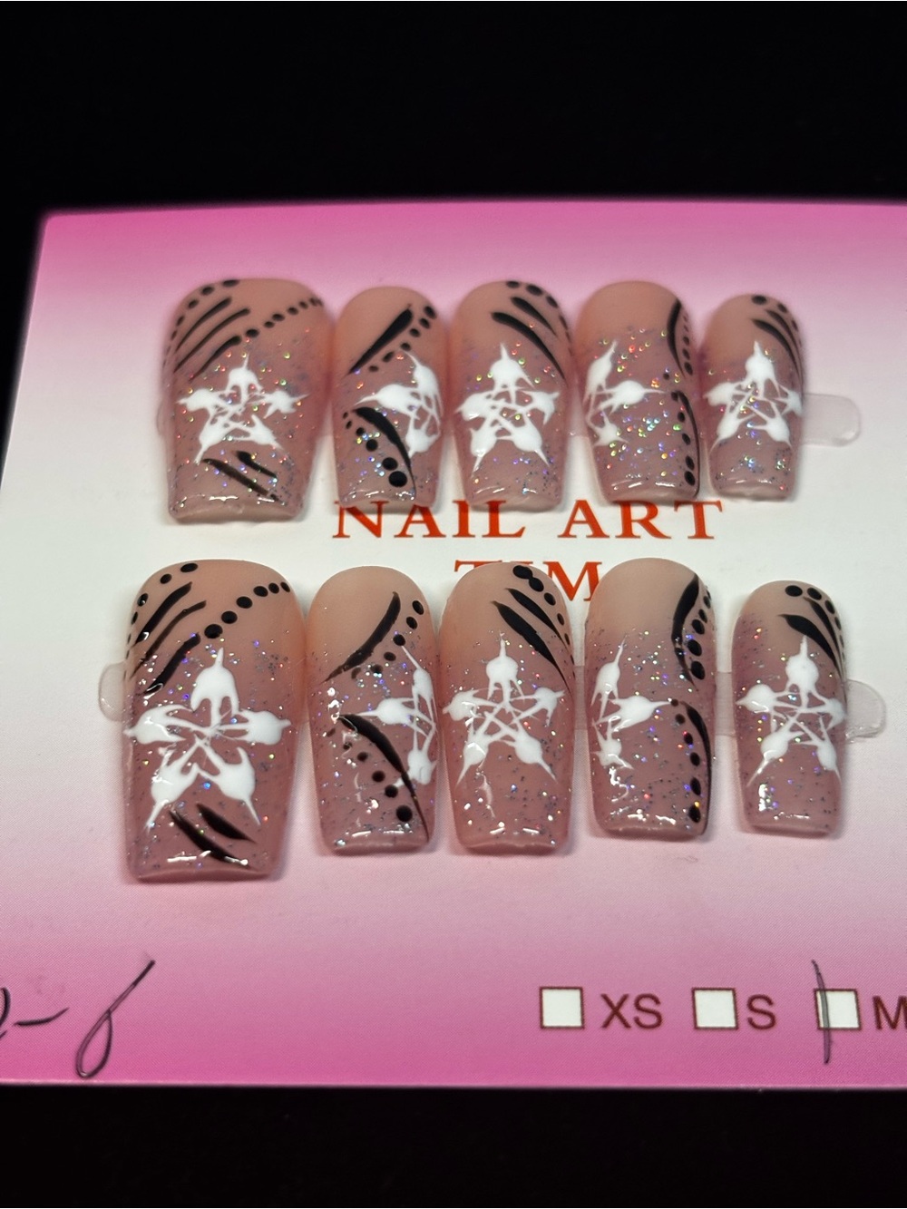 Nude Floral Press-On Nail Set with Black Accents